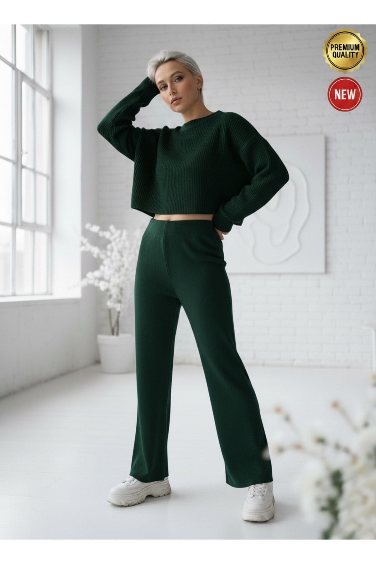 Kadın Nefti Yeşili Triko Pantolon Tek Alt S-M-L Uyumlu Esnek Tek Beden