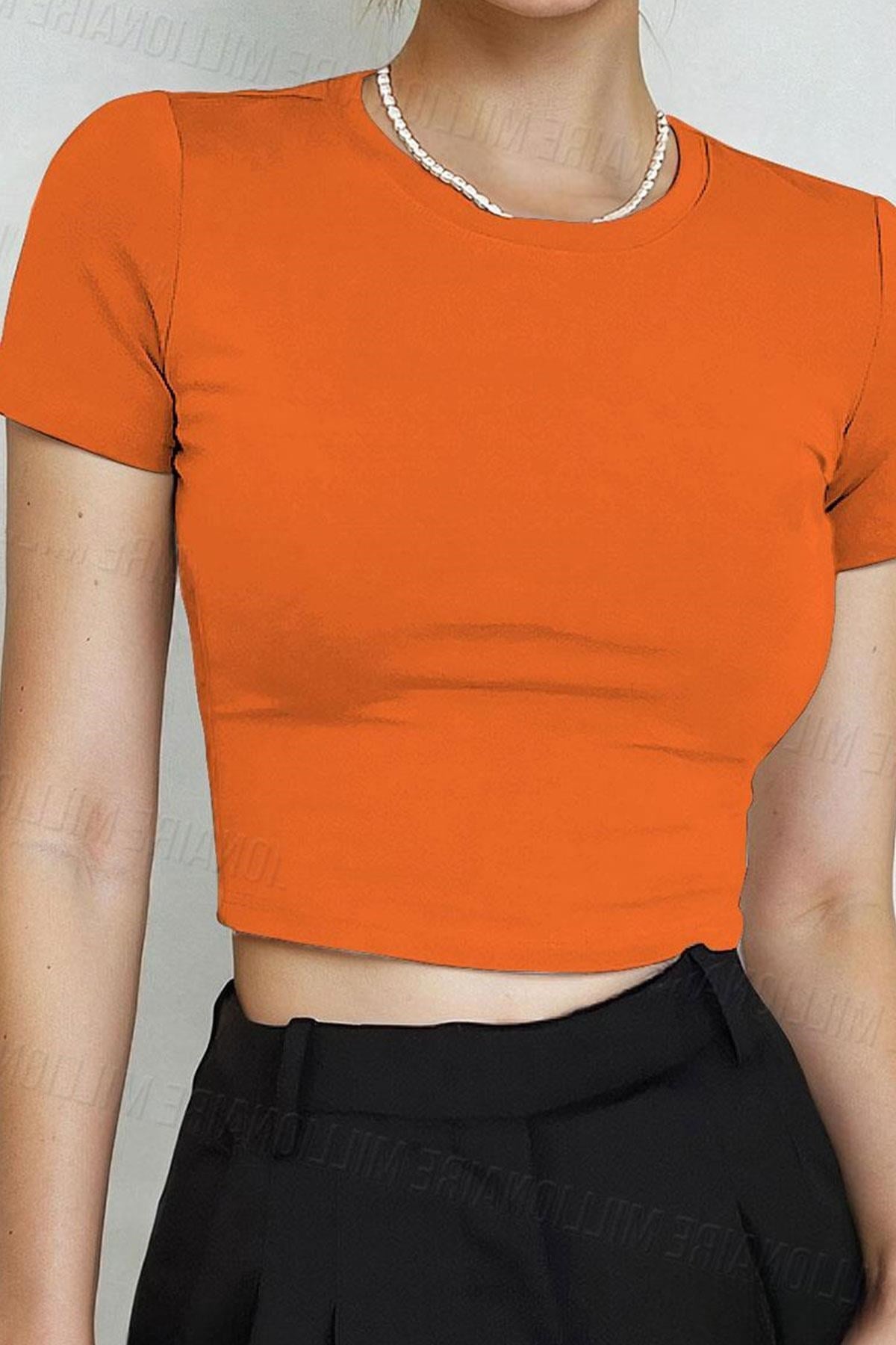 Kadın Oranj Bisiklet Yaka Likralı Kısa Kol Body Crop Bluz