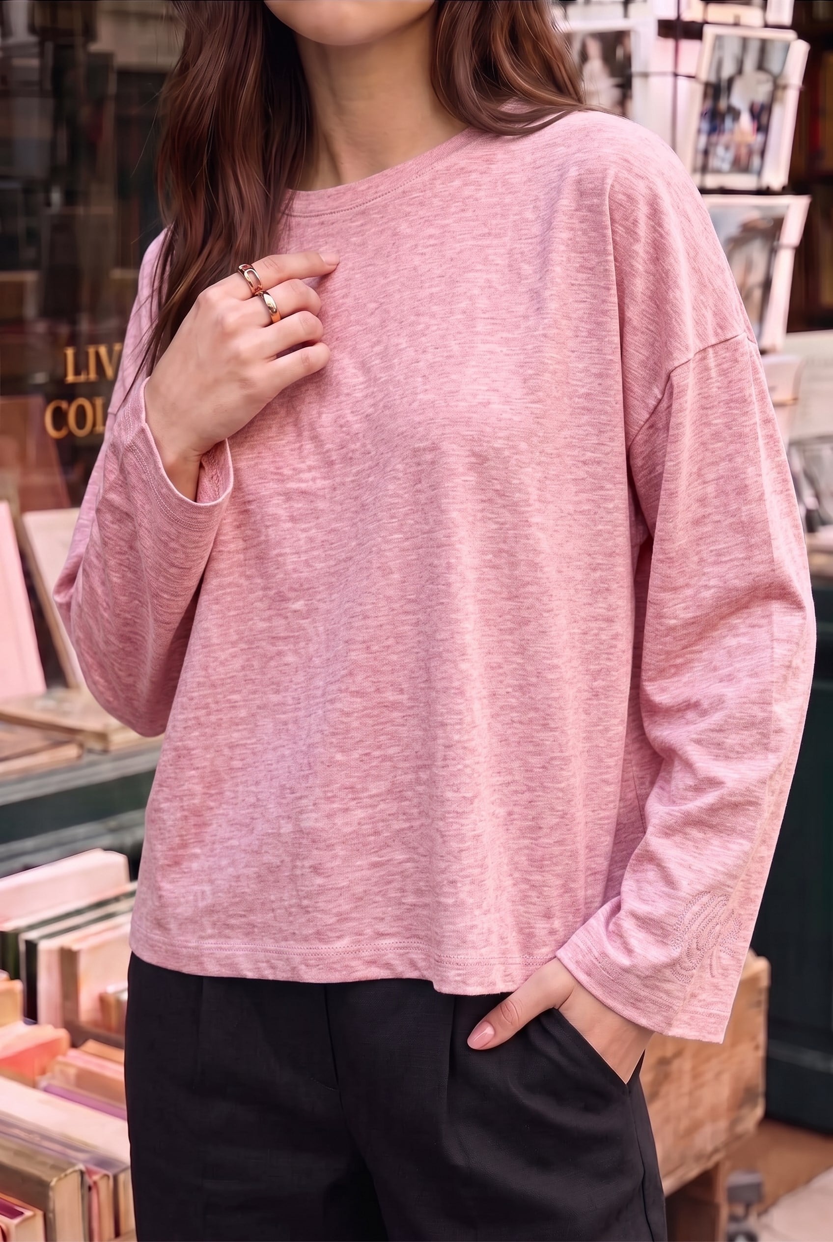 Kadın Pembe Melanj T-shirt Geniş Kol Bisiklet Yaka Uzun Kollu Tişört