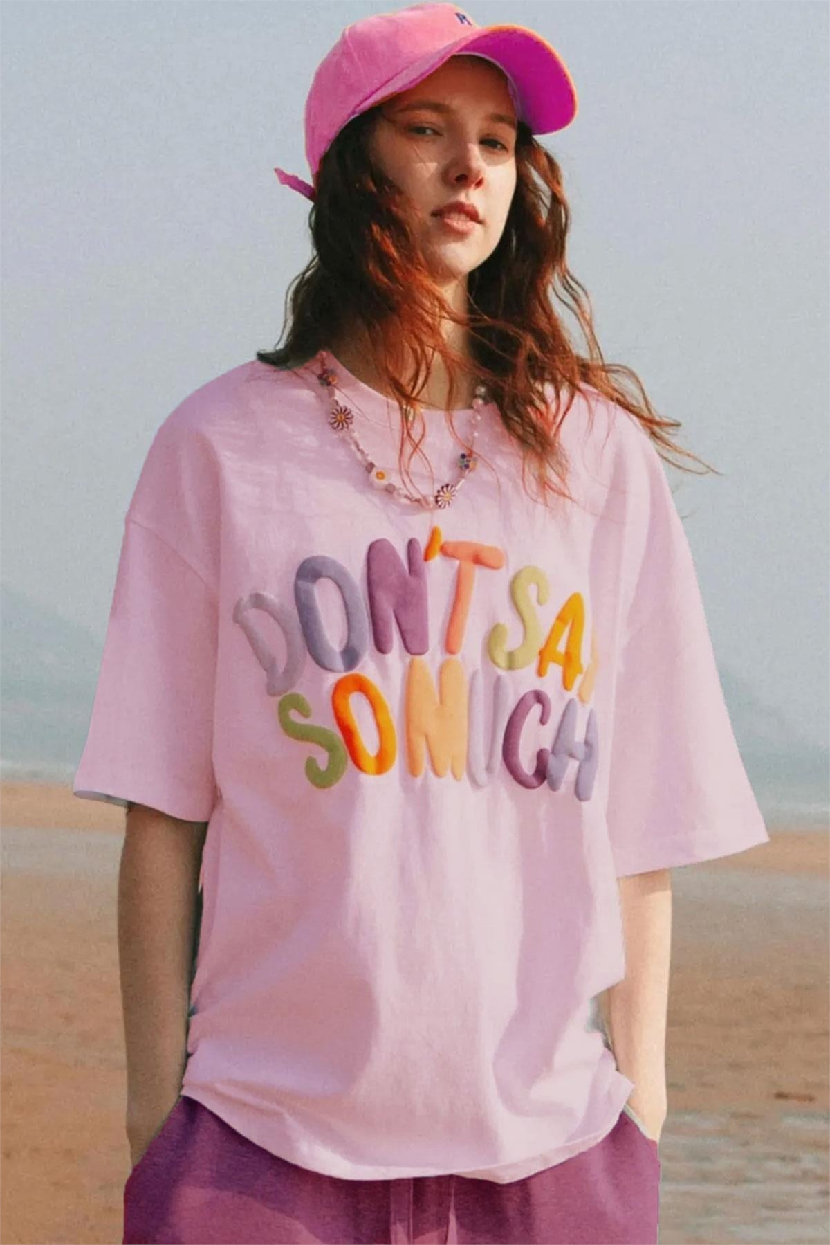 Kadın Pembe Oversize Kabaran Baskı Dont Say Salas Boyfriend Kadın T-Shirt