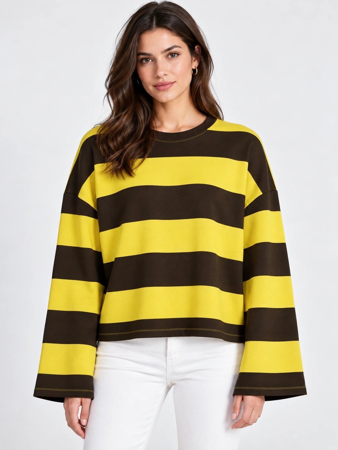 Kadın Sarı Kahve Geniş Kol Geniş Çizgili Oversize İki İplik Sweatshirt