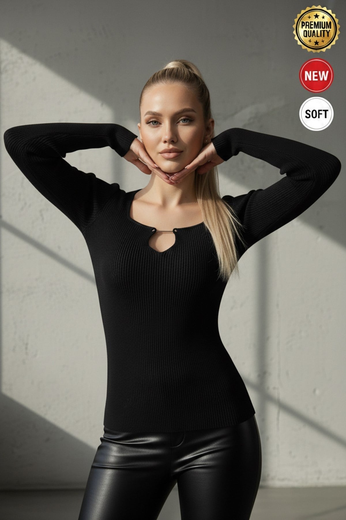 Kadın Siyah Armut Yaka Çengel Detaylı Kancalı Uzun Kollu Fitilli Extra Soft Yumuşak Bluz Body