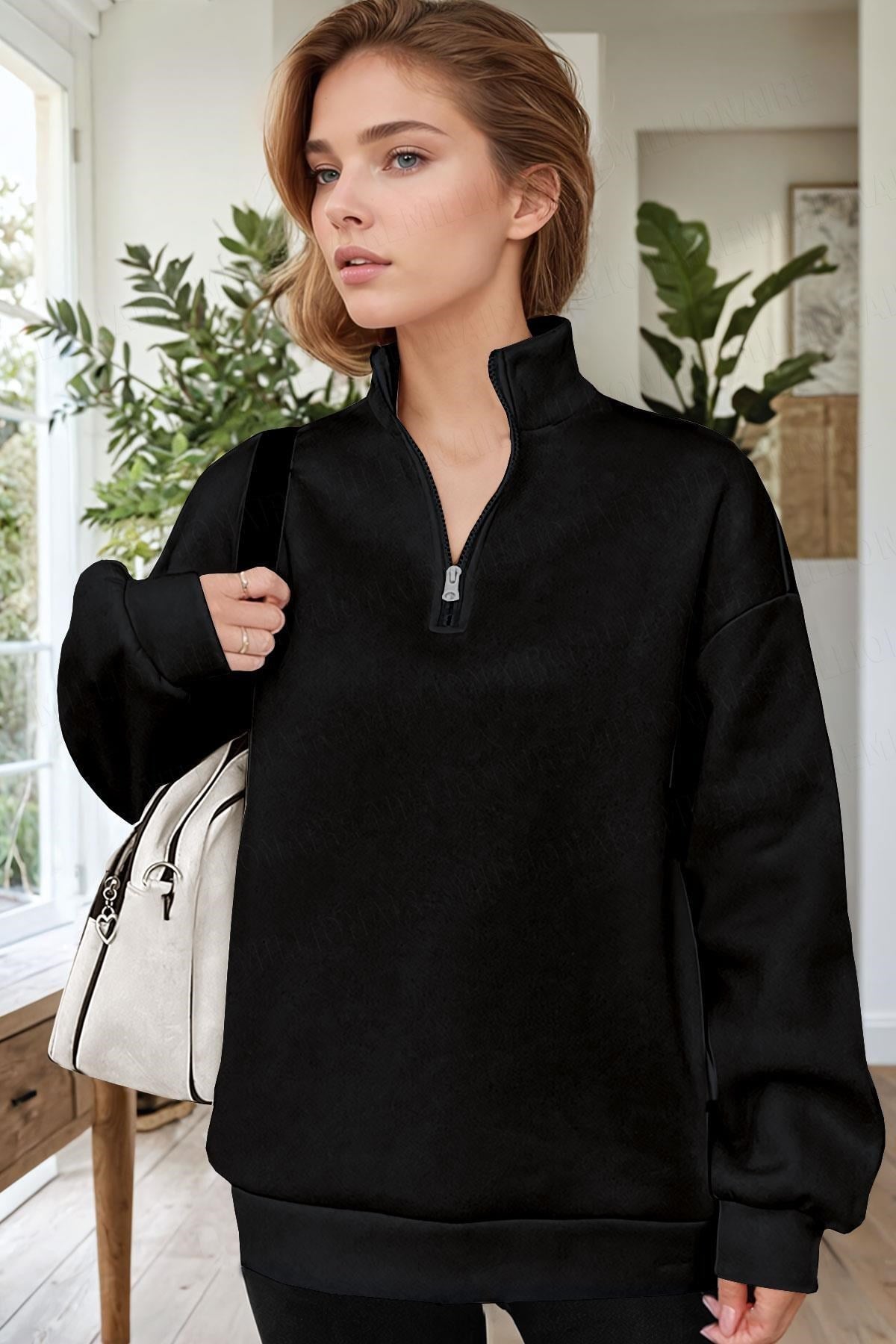 Kadın Siyah Balıkçı Yaka 3 Iplik Içi Polarlı Şardonlu Oversize Sweatshirt