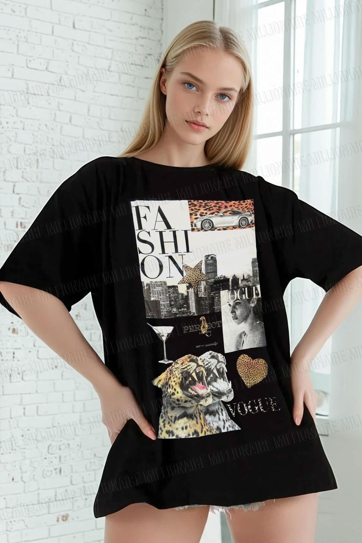 Kadın Siyah Fashion Oversize Fit Bol Geniş Kalıp Salaş Kesim T-shirt