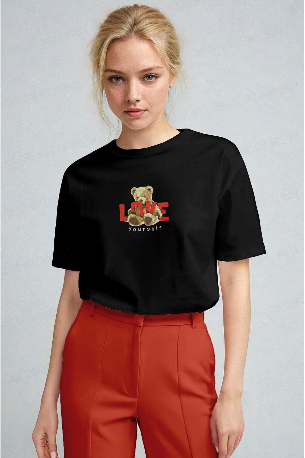 Kadın Siyah Love Ayıcık Teddy Bear Baskı Regular Fit Normal Kalıp T-shirt