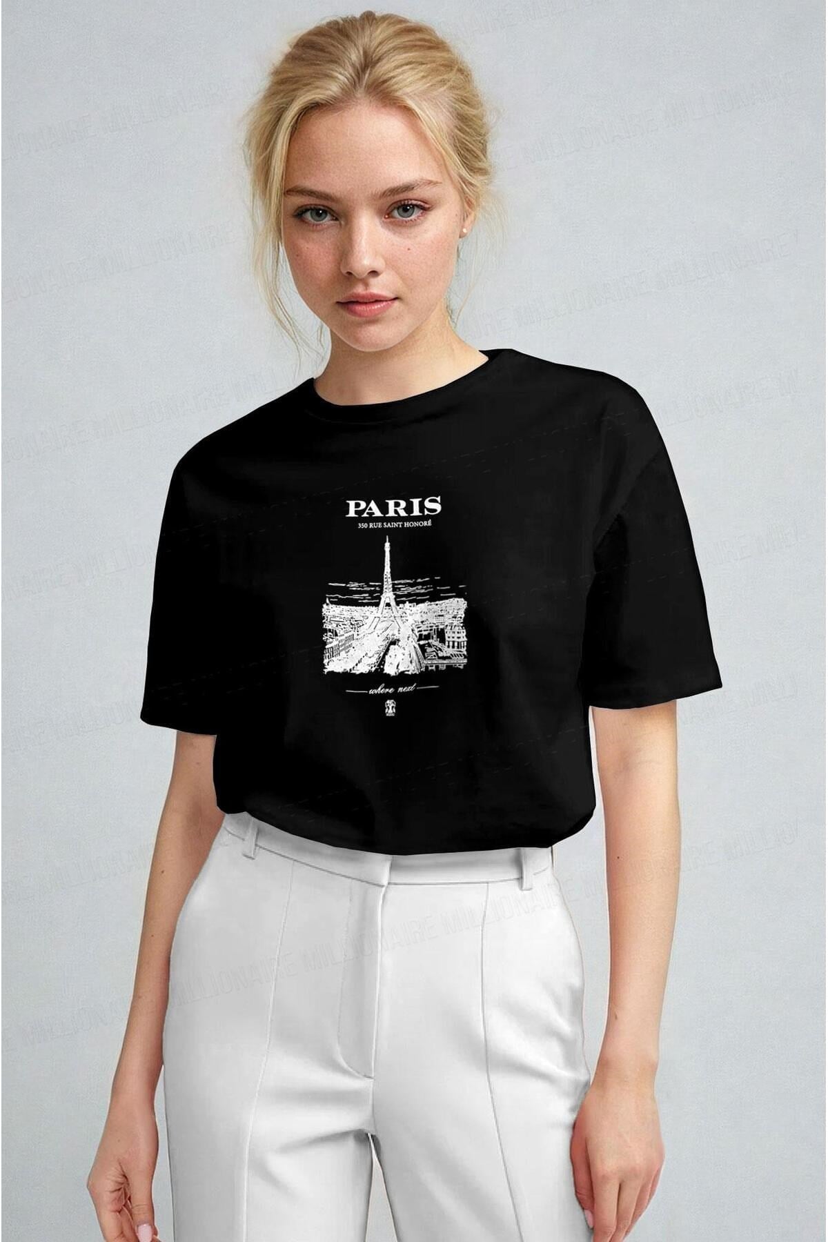 Kadın Siyah Paris Regular Fit Normal Kalıp T-shirt