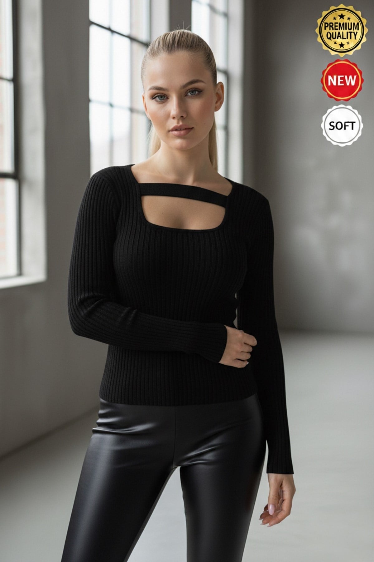 Kadın Siyah U Yaka Bant Detaylı Uzun Kollu Fitilli Extra Soft Yumuşak Bluz Body