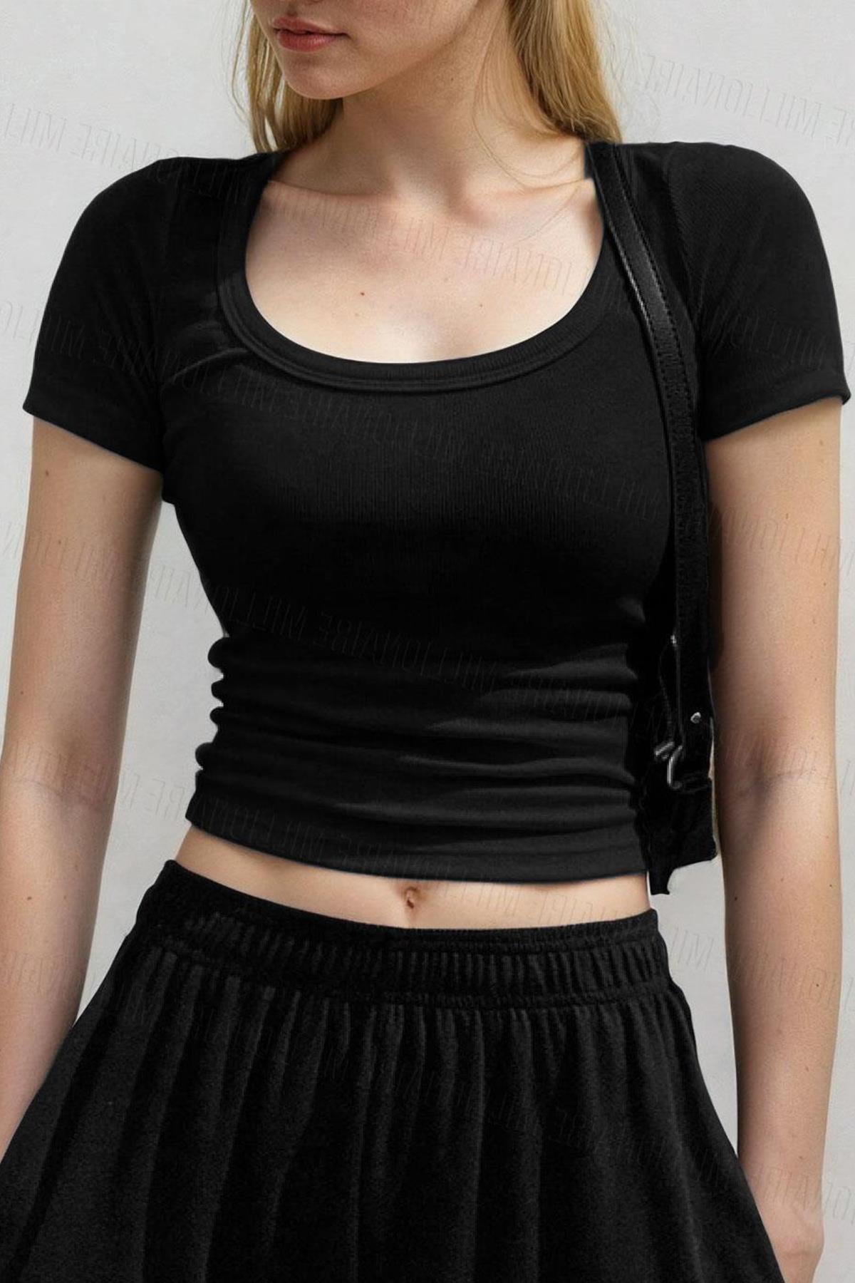 Kadın Siyah U Yaka Kısa Kollu Fitilli Kaşkorse Bluz Body