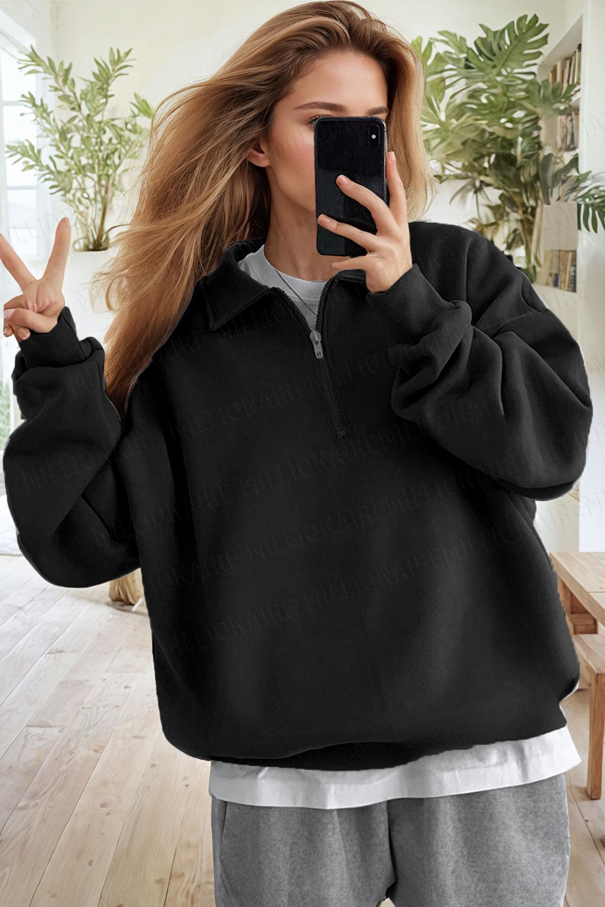 Kadın Siyah Yarım Fermuar Polo Yaka Oversize Salaş Bol Kesim Polar Sweatshirt