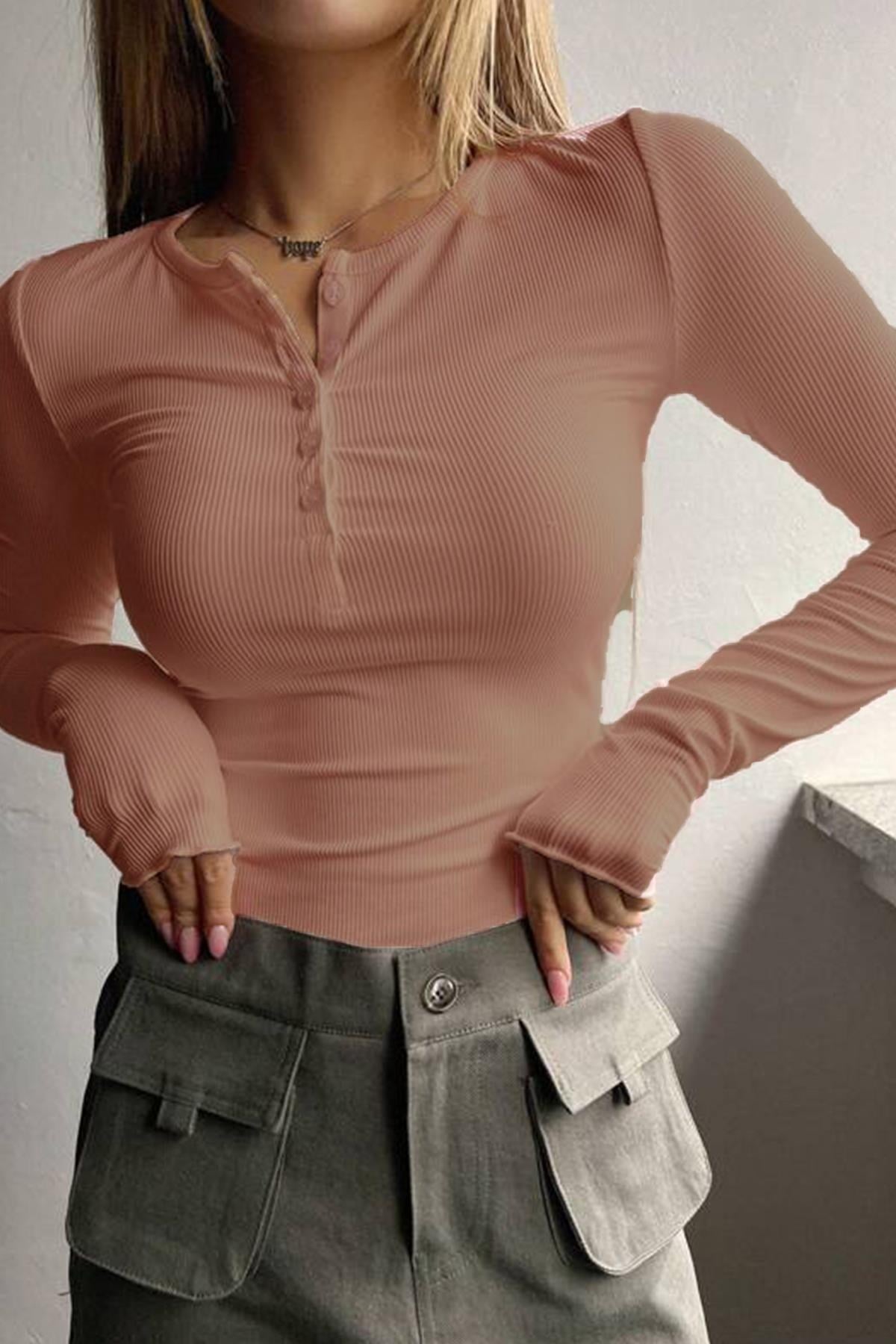 Kadın Somon Düğme Detaylı Patlı Düğmeli Bisiklet Yaka Uzun Kollu Fitilli Kaşkorse Bluz Body