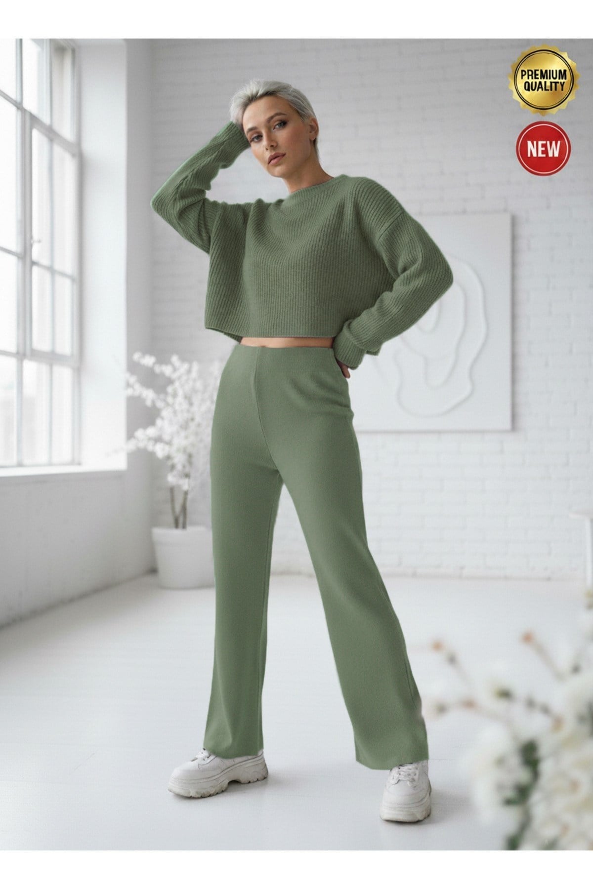 Kadın Su Yeşili Triko Pantolon Tek Alt S-M-L Uyumlu Esnek Tek Beden