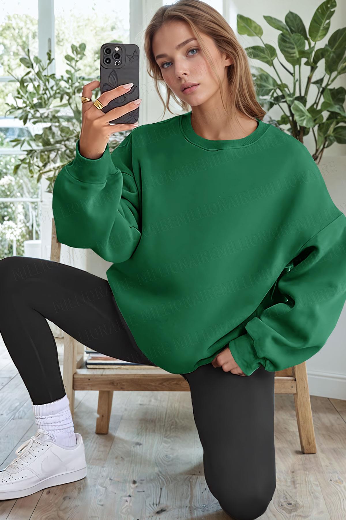 Kadın Yeşil Basic 0 Sıfır Yaka Baskısız Düz Oversize Salaş Bol Kesim Polar Sweatshirt