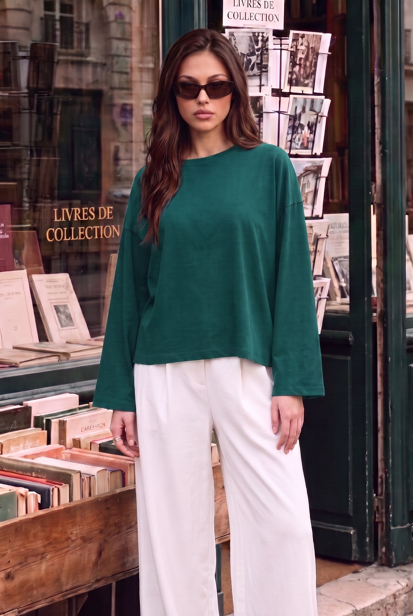Kadın Yeşil T-shirt Geniş Kol Bisiklet Yaka Uzun Kollu Tişört