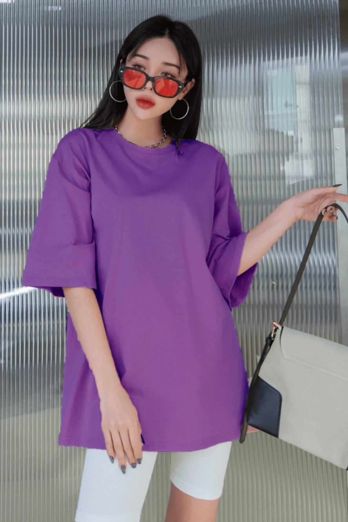 Mor Basic Düz Baskısız Oversize Salas Boyfriend Kadın T-Shirt