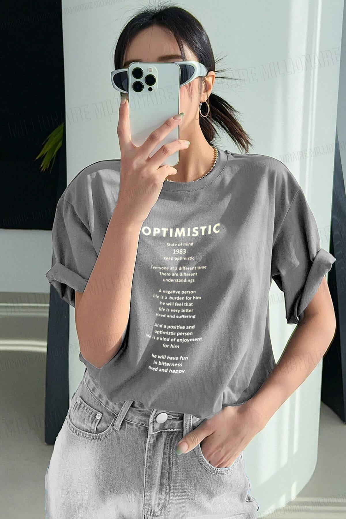 Optimistic Gri Oversize Salas Boyfriend Kadın T-Shirt