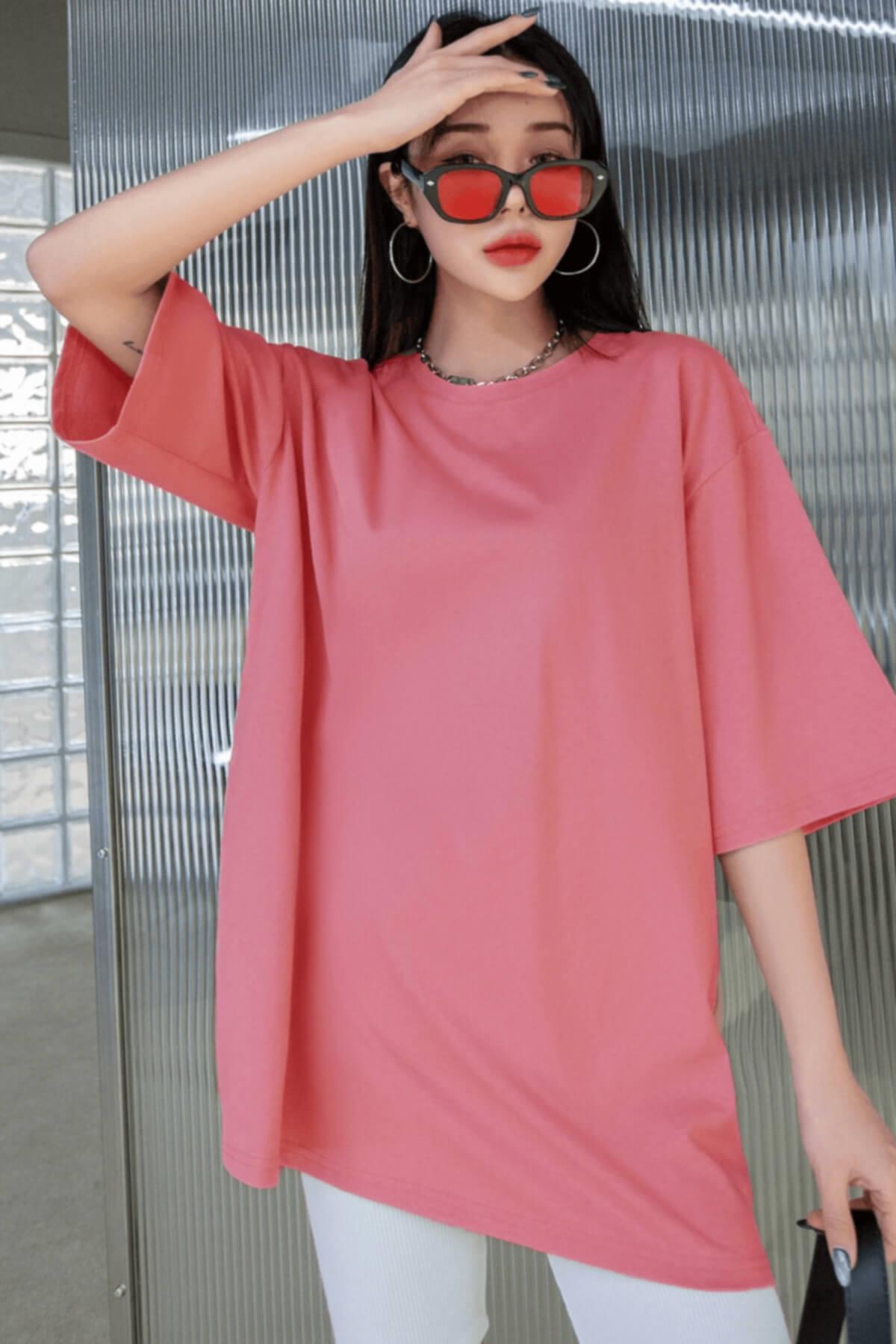 Pembe Basic Düz Baskısız Oversize Salas Boyfriend Kadın T-Shirt