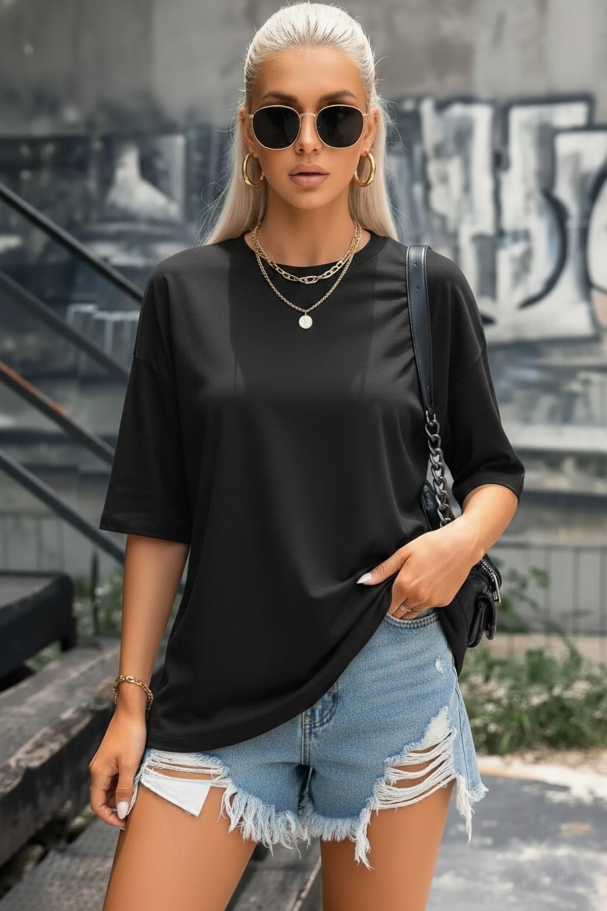 Siyah Basic Düz Baskısız Oversize Salas Boyfriend Kadın T-Shirt