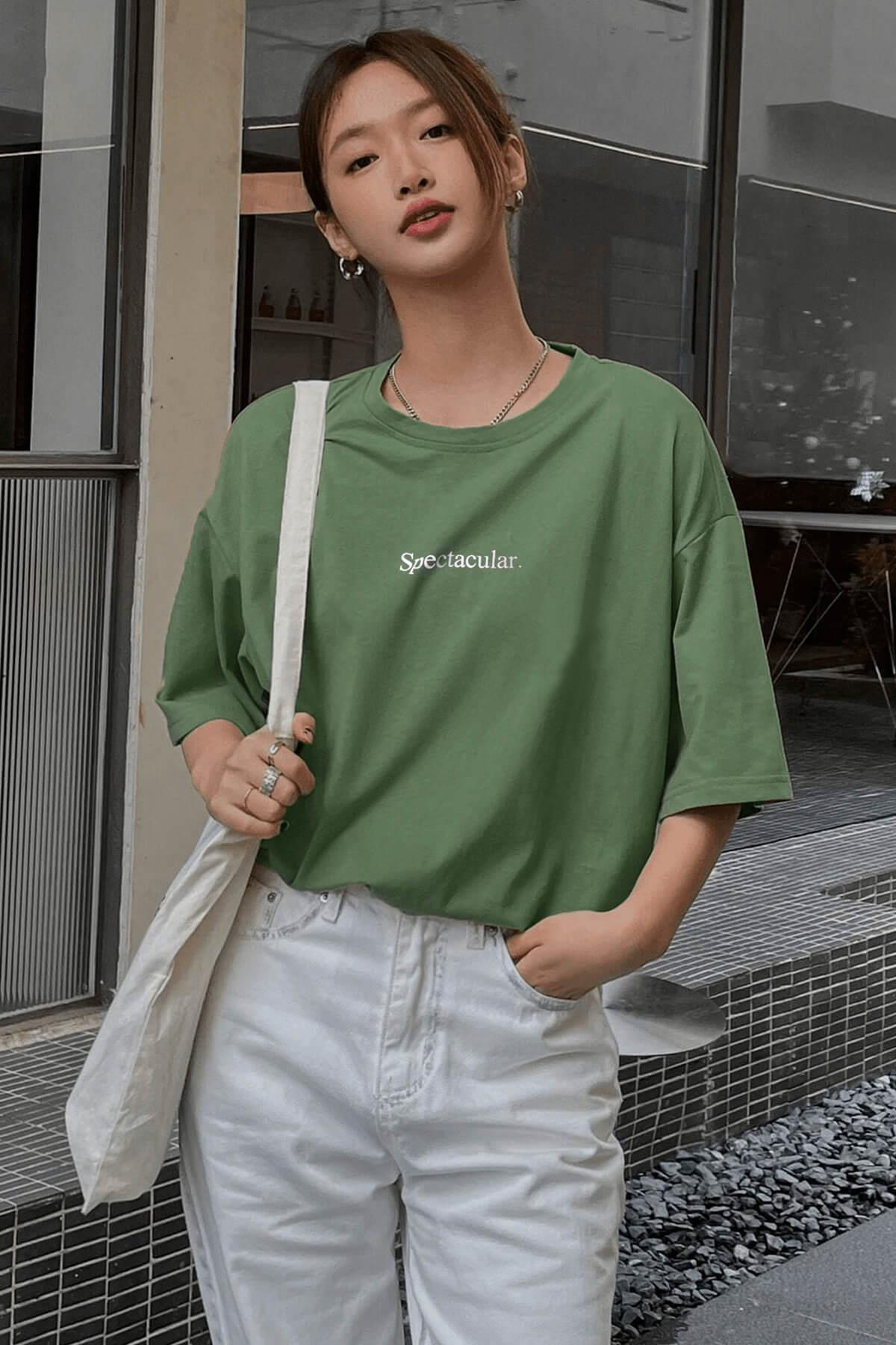 Spectacular Açık Yeşil Oversize Salas Boyfriend Kadın T-Shirt