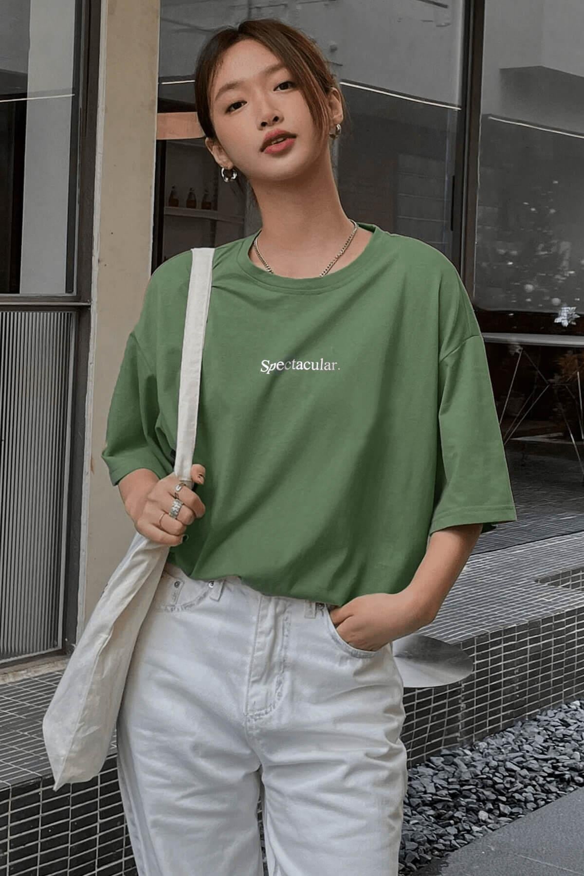 Spectacular Açık Yeşil Oversize Salas Boyfriend Kadın T-Shirt