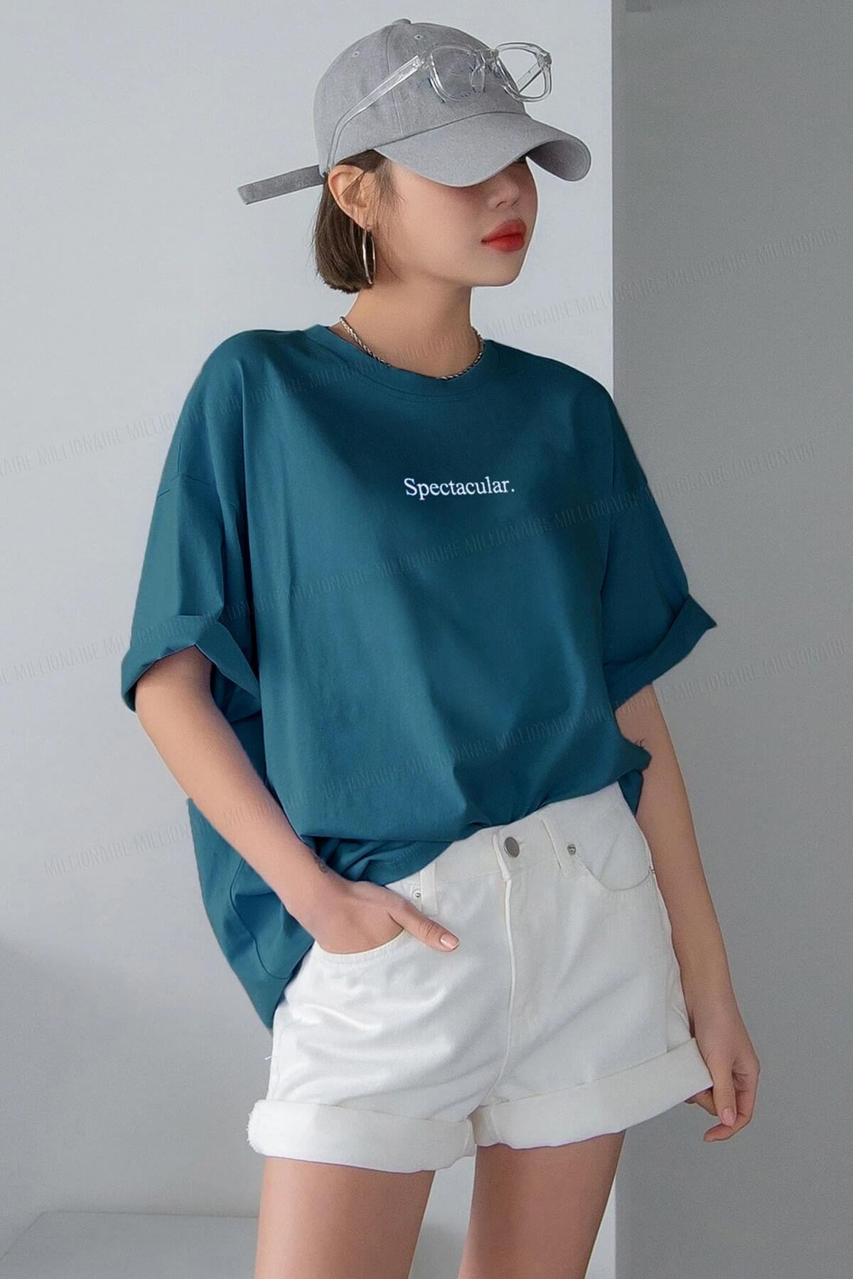 Spectacular Petrol Yeşili Oversize Salas Boyfriend Kadın T-Shirt