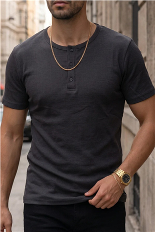 Erkek Füme Renkli Tişört Üç Düğmeli Patlı Fitilli Regular T-shirt