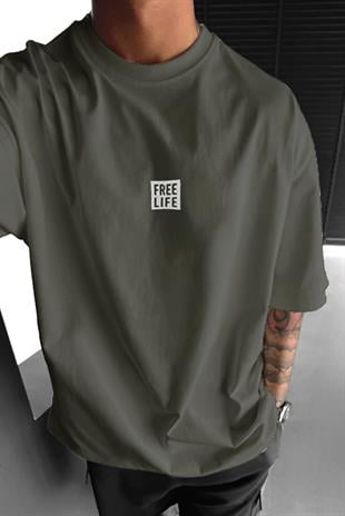 Erkek Haki Free Life Bisiklet Yaka Oversize Salas T-Shirt