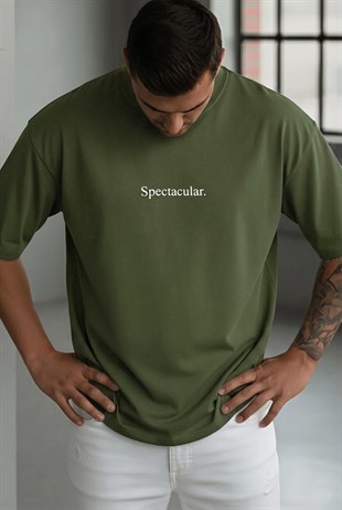 Erkek Haki Spectacular Beyaz Baskılı Oversize Salas T-Shirt