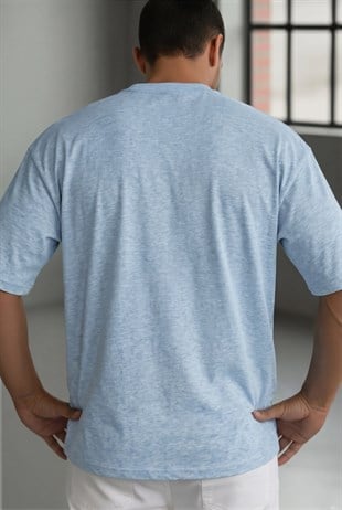 Erkek Mavi Melanj Basic Düz Baskısız Oversize Salas T-shirt