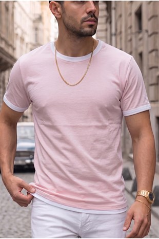 Erkek Pembe Renkli Tişört Bisiklet Yaka Kol Garnili Regular T-sihrt