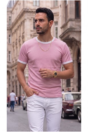 Erkek Şeker Pembe Renkli Tişört Bisiklet Yaka Kol Garnili Regular T-sihrt