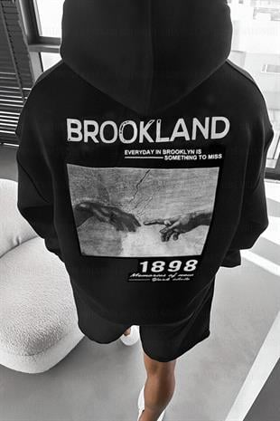 Erkek Siyah 1898 Baskılı Kapüşonlu Oversize 3 iplik Şardonlu Salaş Bol Kesim Hoodie Sweatshirt