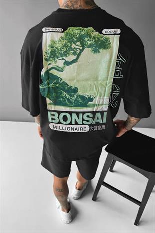 Erkek Siyah Bonsai Oversize Fit Bol Geniş Kalıp Salaş Kesim T-shirt