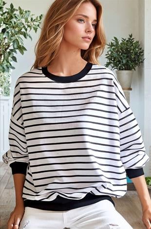 Kadın Beyaz-Siyah Çizgil Renk Bloklu 0 Sıfır Yaka Oversize Salaş Bol Kesim Polar Sweatshirt