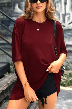 Kadın Bordo Basic Düz Baskısız Oversize Salas T-Shirt