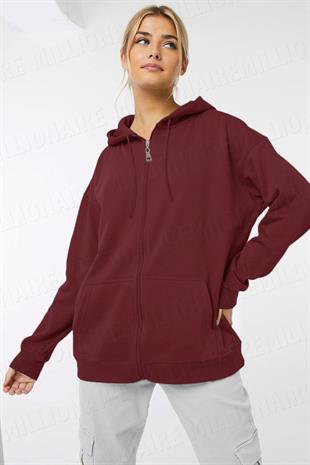 Kadin Bordo Kapüşonlu Fermuarlı 3 Üç İplik Polar Kanguru Oversize Salaş Sweatshirt Zip Up Hoodie