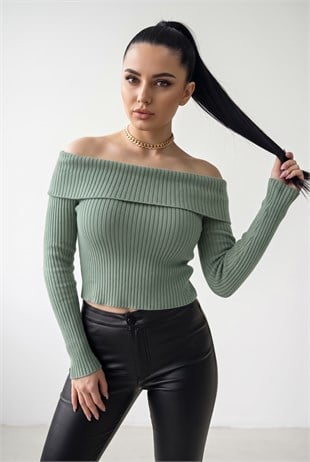 Kadın Çağla Yeşil Madonna Yarı Crop Fitilli Bluz Kazak