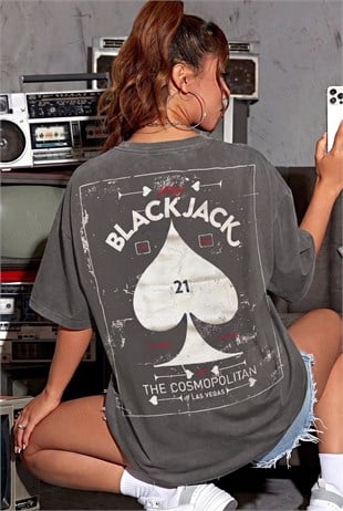 Kadın Gri Black Jack Oversize Fit Bol Geniş Kalıp Salaş Kesim T-shirt