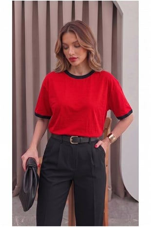 Kadın Kırmızı Siyah Biye Garnili Orta Kalın Soft Kumaş Bisiklet Yaka Yarım Oversize Salaş T-shirt