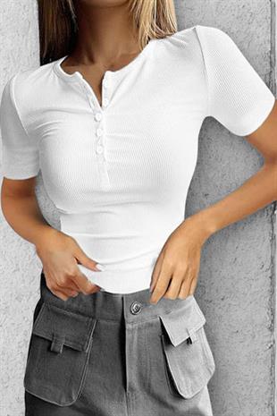 Kadın Kısa Kollu Patlı Düğmeli Bisiklet Yaka Fitilli Kaşkorse Bluz Body