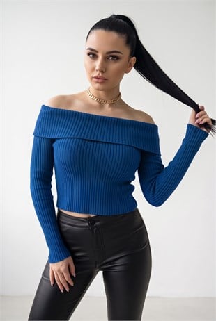 Kadın Saks Mavi Madonna Yarı Crop Fitilli Bluz Kazak