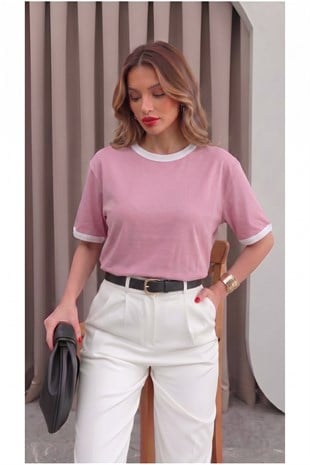 Kadın Şeker Pembe Beyaz Biye Garnili Orta Kalın Soft Kumaş Bisiklet Yaka Yarım Oversize Salaş T-shirt