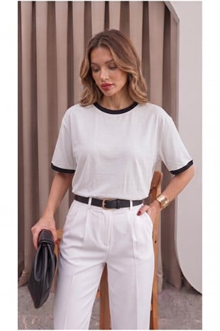 Kadın Taş Siyah Biye Garnili Orta Kalın Soft Kumaş Bisiklet Yaka Yarım Oversize Salaş T-shirt