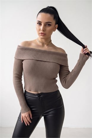 Kadın Vizon Madonna Yarı Crop Fitilli Bluz Kazak