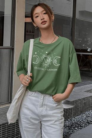 Oversize Celestial Sun Moon Baskılı T-Shirt - K2113