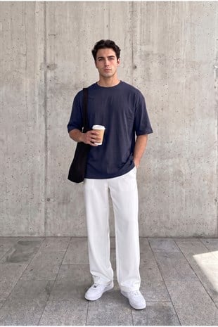 Premium Kalite Lacivert Renkli Kalın İki İplik Compact Penye Kumaş Tam Oversize T-Shirt