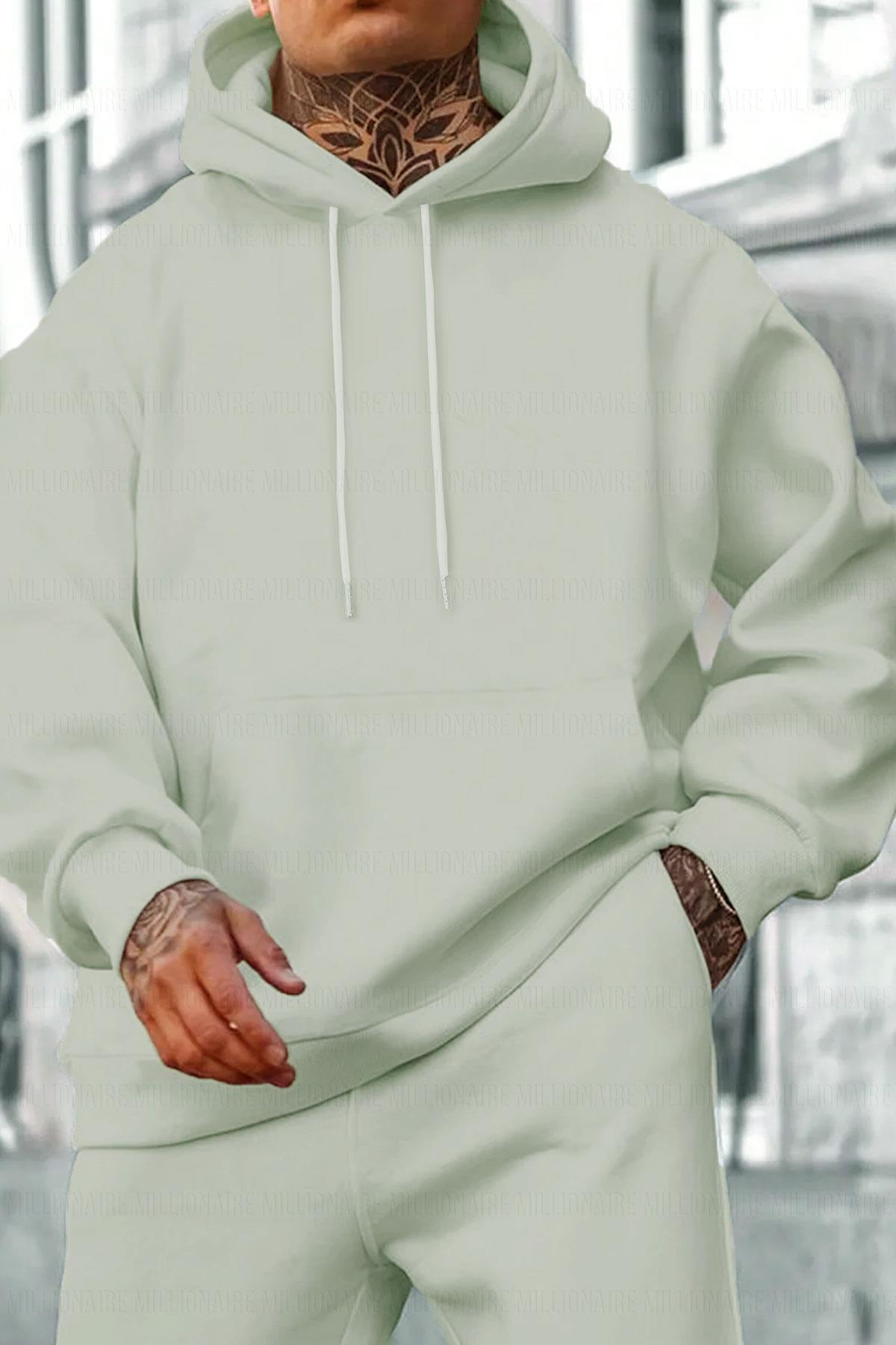 Düz Kapüşonlu Mint Yeşili Erkek Sweatshirt | Millionaire.com.tr