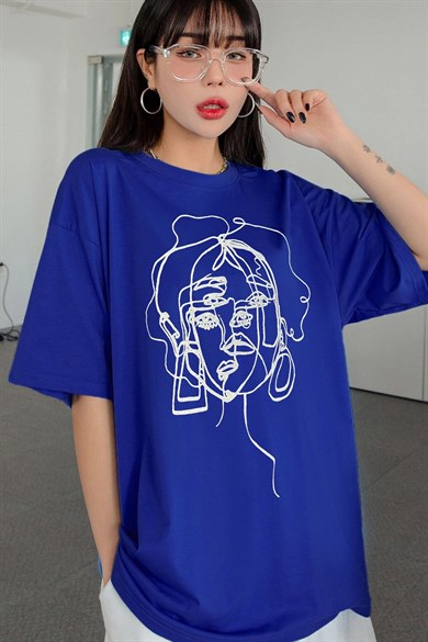 Kadın Saks Mavisi Oversize Baskı Detaylı T-Shirt | Millionaire.com.tr