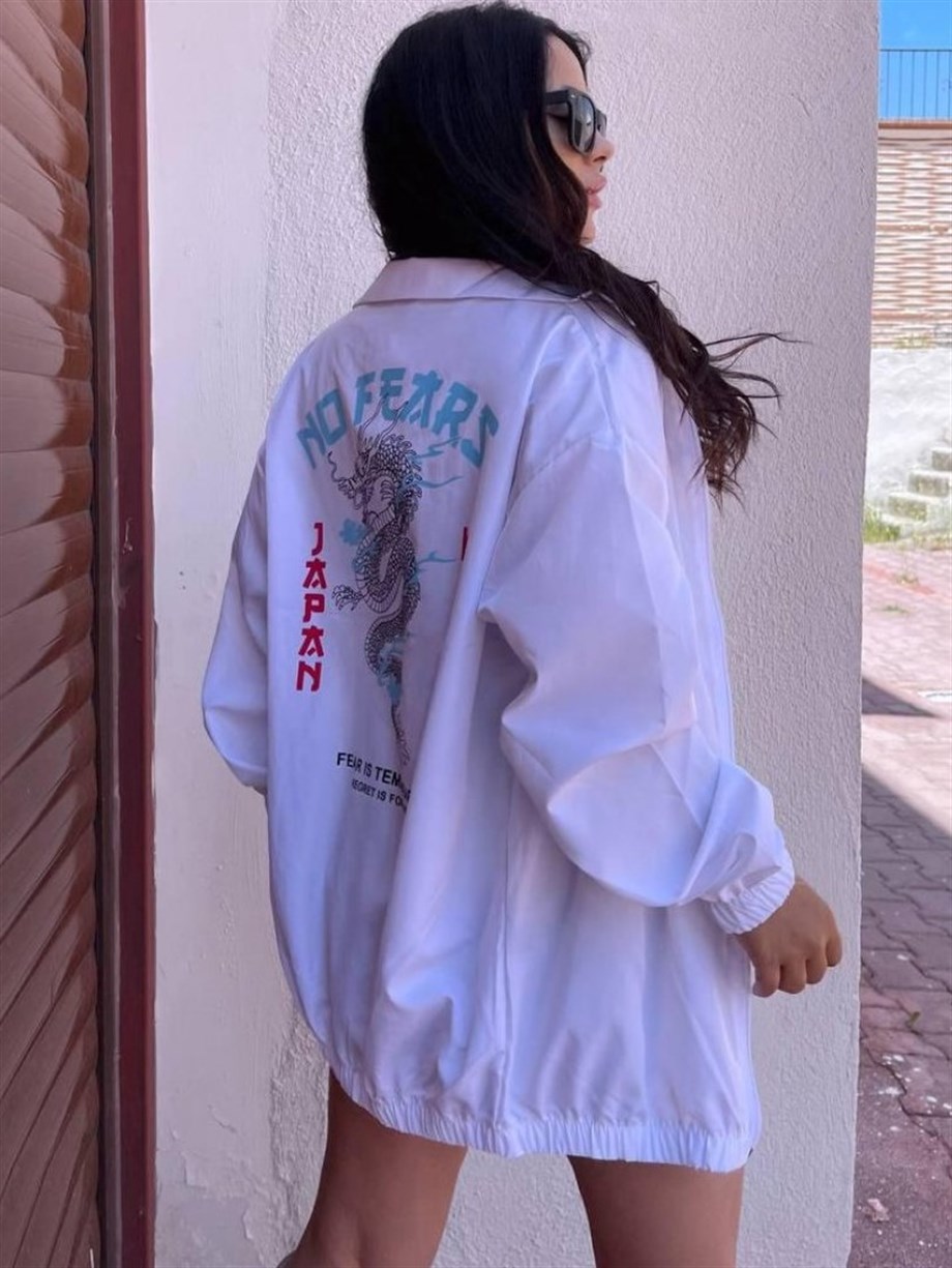 Beyaz Japan Dragon Oversize Mevsimlik Ceket