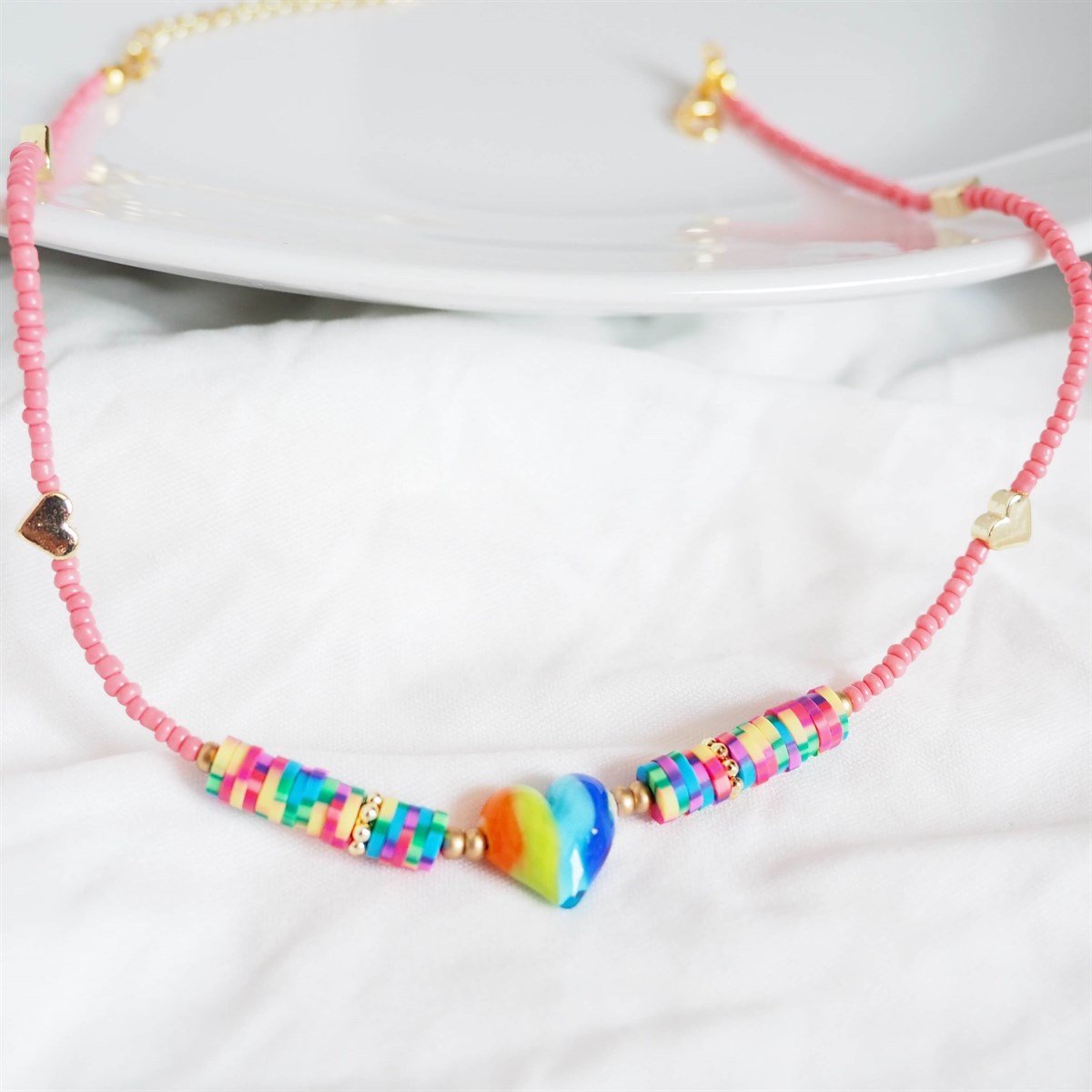 Gökkuşağı Kalpli Boncuk Kolye I Handmade