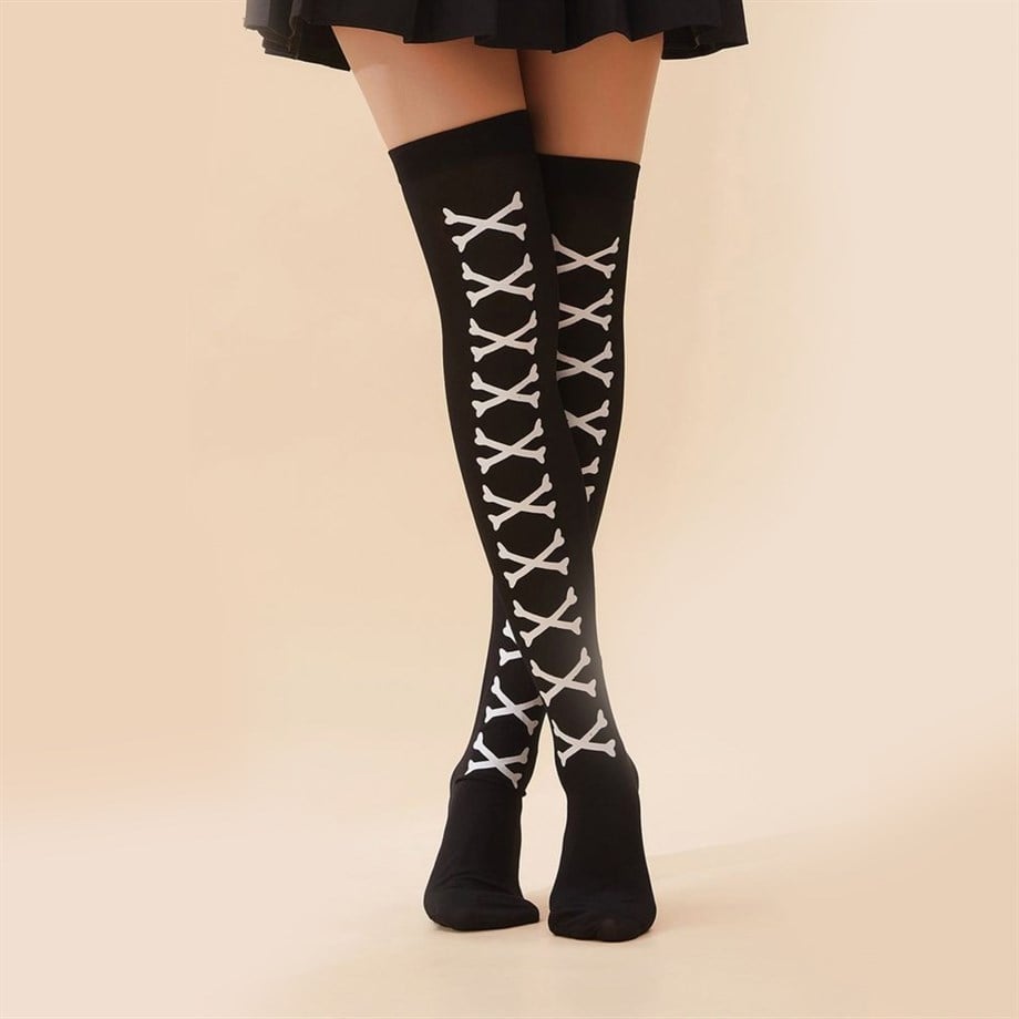 Goth Bone Diz üstü Çorap